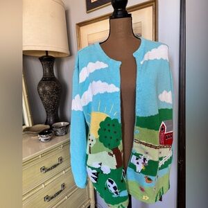 Quacker Factory Girls Blue Green Farm Scene Cardigan Sweater